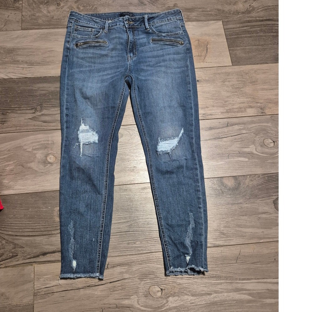 JUSTUSA Women Distressed Dark Wash Jeans Size 31 Stretch Denim Raw Hem